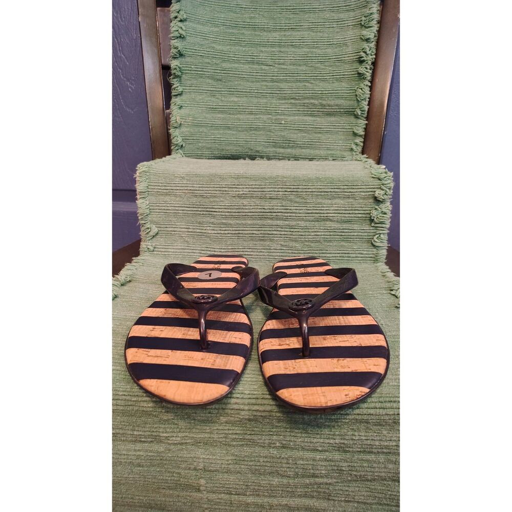 Michael Kors Women's Blue and Tan Stripe Thong Sandals Size 7‎